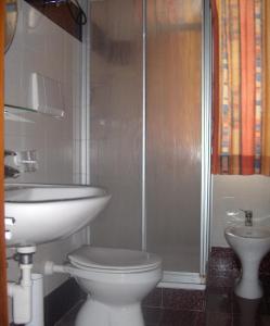 y baño con lavabo, aseo y ducha. en Residenze Sonnenschein Casa Bianca, en Villabassa