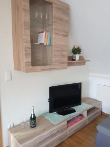 a living room with a flat screen tv on a table at Gästehaus Anna in Unterlamm