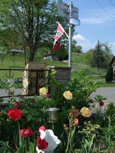 a flower garden with red and yellow flowers and a flag at Gästehaus Anna in Unterlamm