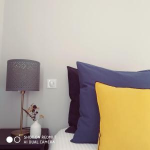 a bed with a yellow and blue pillow and a lamp at L'adresse à Besançon in Besançon