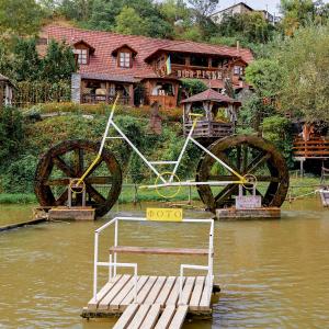 una bicicletta in acqua di fronte a una casa di Bilya Richky Hotel a Kam"janec'-Podil's'kyj