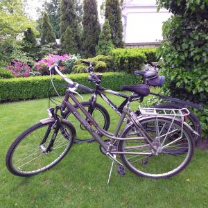 een fiets geparkeerd in het gras in een tuin bij Sophia Studio in Kazimierz Dolny