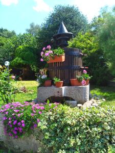 uma fonte num jardim com flores e plantas em Villa dei Fiori em Luino