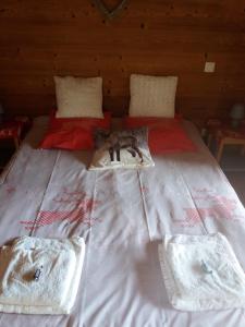 eine Katze, die auf einem Bett liegt in der Unterkunft Chalet la scie in Samoëns