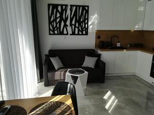 een woonkamer met een bank en een tafel bij Apartament Wrocław Centrum Dorzecze Legnickiej in Wrocław