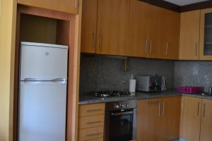 cocina con nevera blanca y armarios de madera en Casa D'avo, en Gerês