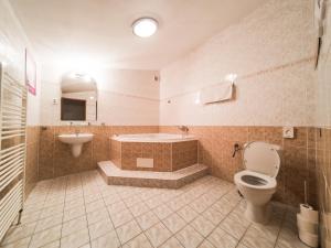 La salle de bains est pourvue d'une baignoire, de toilettes et d'un lavabo. dans l'établissement Penzion Atlas, à Liptovský Mikuláš