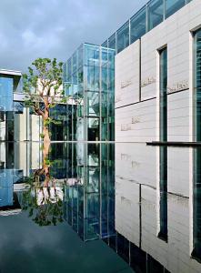 un bâtiment en verre avec sa réflexion dans l'eau dans l'établissement Intercontinental Shenzhen Dameisha Resort, an IHG Hotel, à Shenzhen