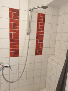 y baño con ducha y pared de ladrillo. en Ferienwohnung Möwenblick, en Flensburg