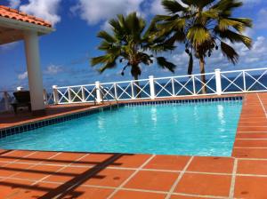 a swimming pool with palm trees in the background at Aloe Villa in Five Islands Village