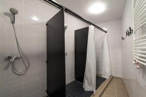 a shower with a black door in a bathroom at The house Vilnius in Vilnius