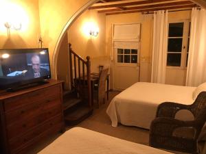 een slaapkamer met een bed en een televisie in een kamer bij La Marjolaine in Juan-les-Pins