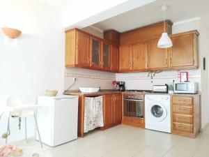 タヴィラにあるTavira Lovers - City Centre Apartmentsのキッチン(木製キャビネット、洗濯機、乾燥機付)