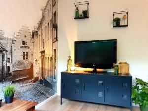 una televisione su un mobile blu in una stanza con un quadro di Studio Belgica Begijnhof Tongeren a Tongeren