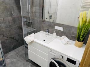 ein Badezimmer mit einem Waschbecken und einer Waschmaschine in der Unterkunft Apartament Złota Brama in Lyck