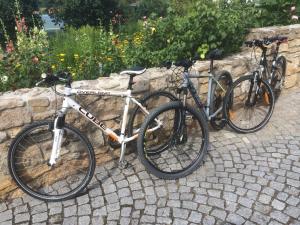 3 biciclette sono parcheggiate accanto a un muro di pietra di Ferienwohnung Saaletalblick a Jena