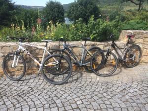 un gruppo di tre biciclette parcheggiate accanto a un muro di pietra di Ferienwohnung Saaletalblick a Jena