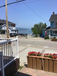 a balcony with flowers in boxes on a street at Petit Hôtel Amara in La Malbaie