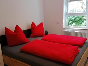 um quarto com duas almofadas vermelhas numa cama em Jogis Ferienwohnungen em Freiburg im Breisgau