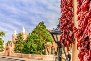 a street light in front of a building with trees at Super 8 by Wyndham Albuquerque West/Coors Blvd in Albuquerque