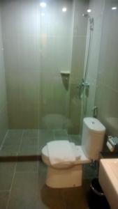 uma casa de banho com um WC e uma cabina de duche em vidro. em Winstar Hotel em Pekanbaru