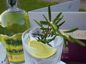 un verre d'eau avec une plante verte dans l'établissement Inchture Hotel, à Dundee