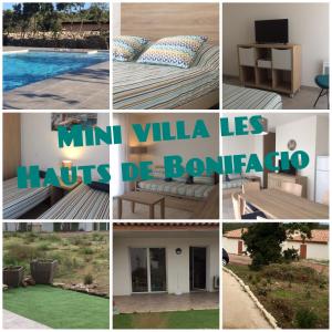 een collage van foto's van meubels en een zwembad bij Mini villa K2 in Bonifacio