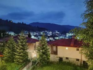 un groupe de maisons dans une ville la nuit dans l'établissement Rodopi Houses, à Chepelare