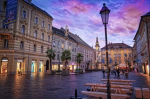 una strada cittadina con un lampione e edifici di Jugend- und Familiengästehaus Klagenfurt a Klagenfurt