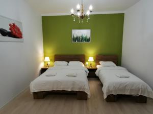 sypialnia z 2 łóżkami i zieloną ścianą w obiekcie Ambient Deluxe Apartman w mieście Gyula