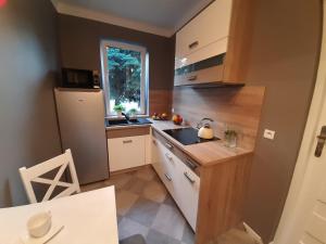 a small kitchen with a sink and a refrigerator at Warszawska in Legionowo