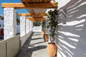 a walkway with potted plants on the side of a building at Rochari Hotel in Mýkonos City