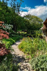 einen Weg durch einen Garten mit einem Pferd im Hintergrund in der Unterkunft Tranquility Farm in Dalfsen