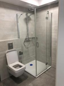 ein Bad mit einer Dusche und einem WC in der Unterkunft Nadmorskie Tarasy Apartament 312 in Kołobrzeg