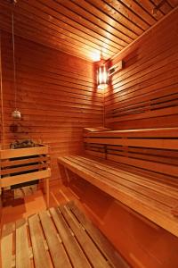 una sauna in legno con panca e luce di Hotel Skicentrum a Harrachov