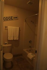 een badkamer met een toilet, een douche en handdoeken bij The Lodge on Route 66 in Williams