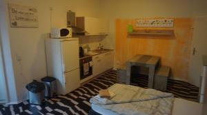 a small kitchen with a refrigerator and a stove at Hostel im Medizinerviertel in Halle an der Saale