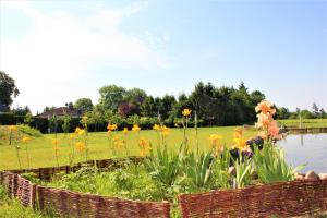 een tuin met bloemen en een vijver in een veld bij Landhaus Fünfseen in Funfseen