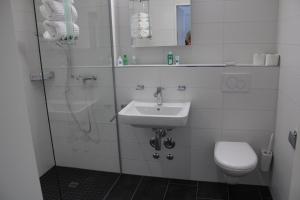 La salle de bains est pourvue d'une douche, d'un lavabo et de toilettes. dans l'établissement Business Apartment Turgi, à Turgi