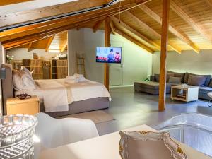 um quarto com uma cama e uma televisão num quarto em API Projects Nafplio - Superior Loft em Nafplio