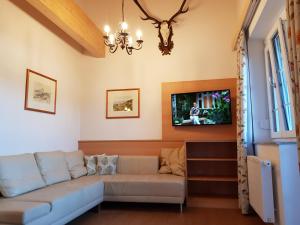 un soggiorno con divano e TV di Villa Lilly - Luxus Appartements im Villenviertel a Bad Ischl