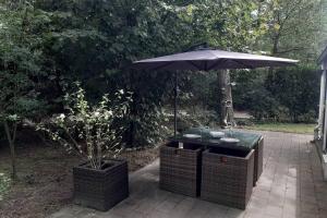 een grill met een parasol op een patio bij Chalet "de Hazelnoot" te Diever in Diever