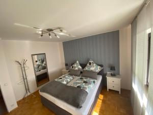 1 dormitorio con 1 cama y ventilador de techo en Ferienwohnung Baumberger-Auszeit, en Coesfeld