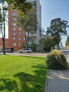 una zona de césped con coches aparcados en una calle de la ciudad en Imantas apartment, en Daugavpils