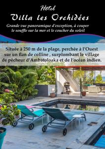 a flyer for a hotel with two chairs next to a pool at Hôtel Villa Les Orchidées in Ambatoloaka