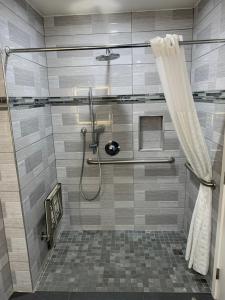 een badkamer met een douche en een douchegordijn bij Mirage Inn & Suites in San Francisco