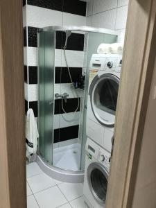 a bathroom with a washing machine and a mirror at Apartmán v úplnom centre in Vranov nad Topľou