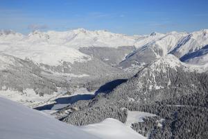 widok na śnieżne pasmo górskie z jeziorem w obiekcie AlpenGold Hotel Davos w Davos