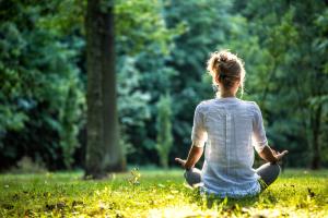 una mujer sentada en un campo haciendo yoga en el césped en Stimbekhof, en Bispingen