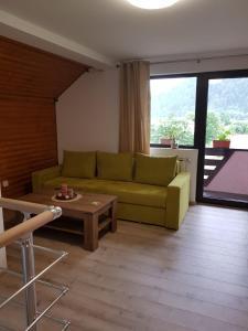 uma sala de estar com um sofá verde e uma mesa em Casa Alesia Bucovina em Gura Humorului